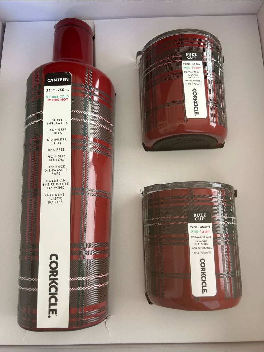 Williams Sonoma Holiday Plaid Corkcicle 3 Piece Set  Canteen & Buzz Cups . New